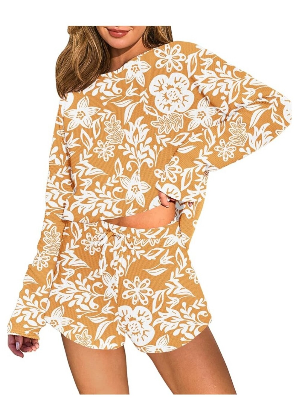 Ekouaer Waffle Knit Pajama Sets for Women Long Sleeve Top and Shorts